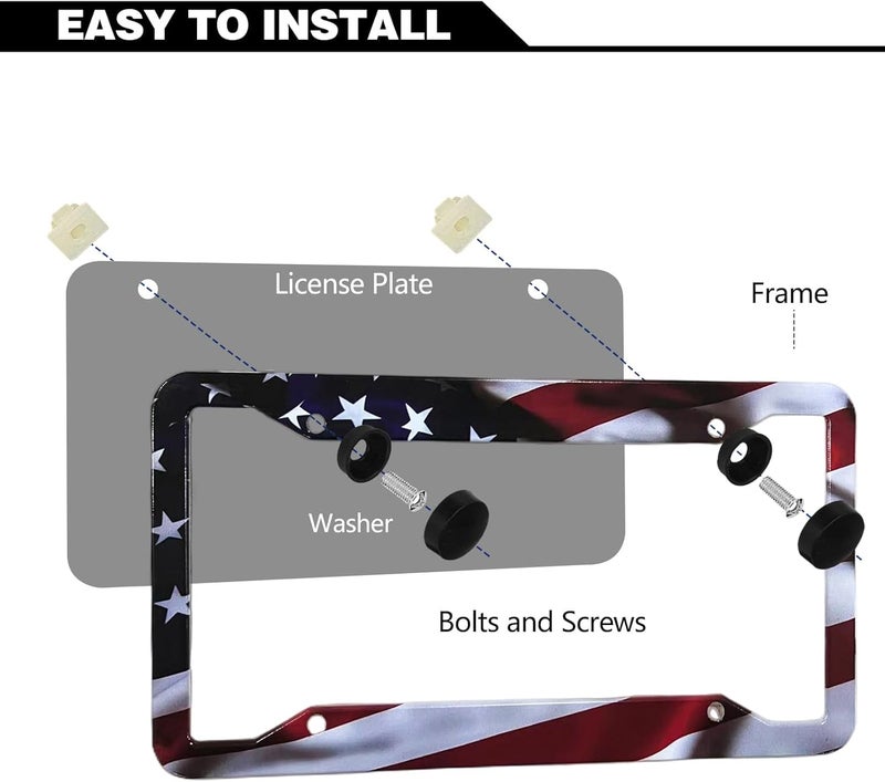 LIN KANG American Flag License Plate Frame Holder - 2 Pack Universal Aluminum Matte Stripe US Flag Gloss Patriotic Car Plate Frame Covers with Free Screws Fasteners Caps - Image 3